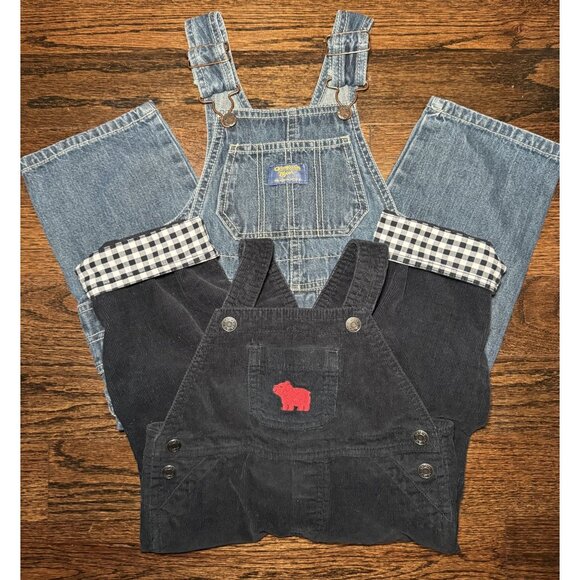 Toddler 2T Denim Corduroy Overalls Bundle 2 Pack Adjustable Straps Farm Patch - Picture 1 of 12